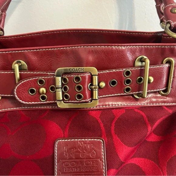 Coach Red Signature Tote with Buckle-Trim Handles - Picture 4 of 10